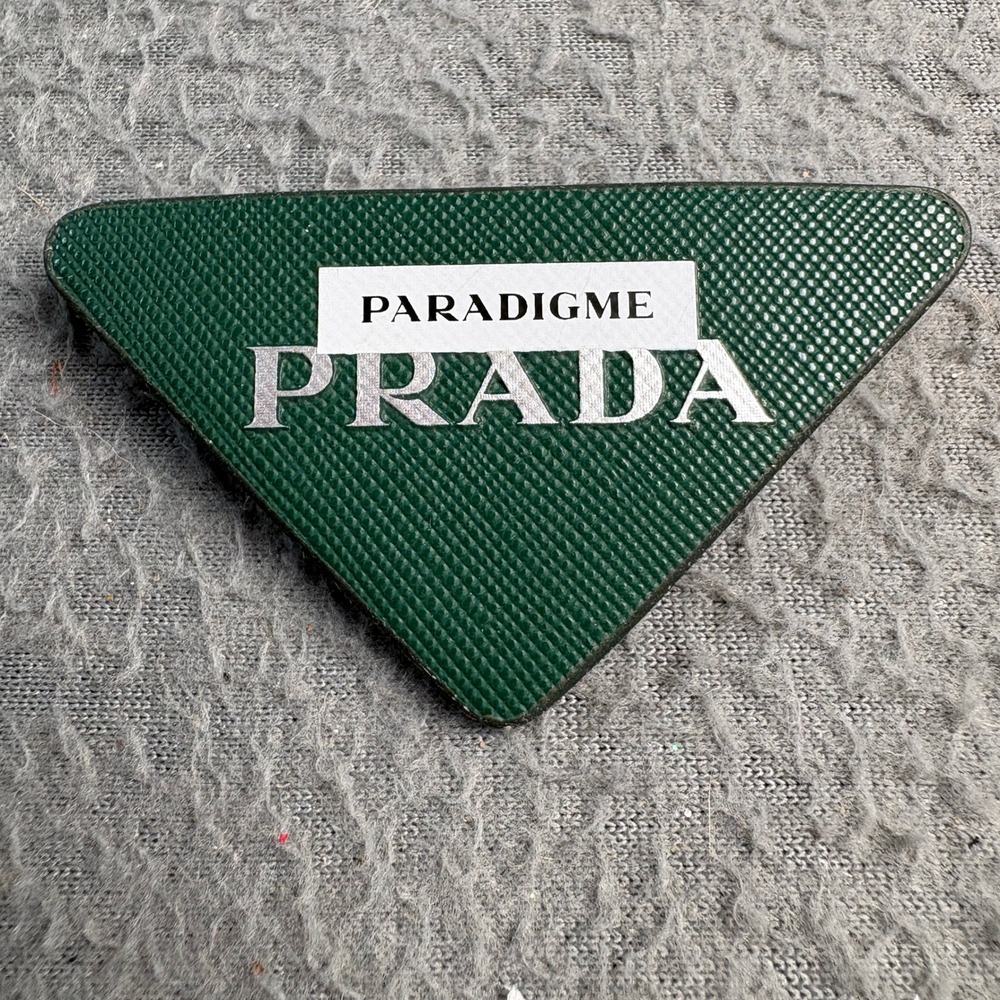 Prada Paradigme Triangle Logo Brooch Pin Green Saffiano Leather VIP Novelty